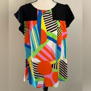 Emily Wonder colorful geometric patchwork ruffled top SZ 1X